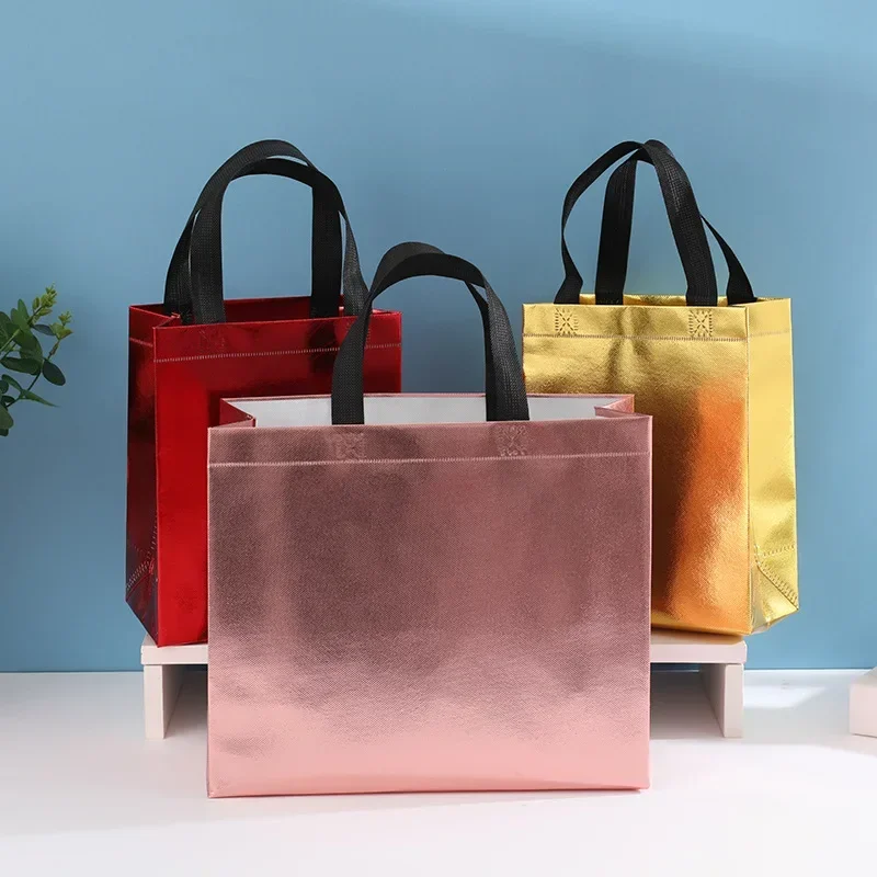 

10pcs Aluminum Coated Non-woven Tote Bag Folding Eco-friendly Package Wholesale of Advertising Gift Promotion Shopping Bags