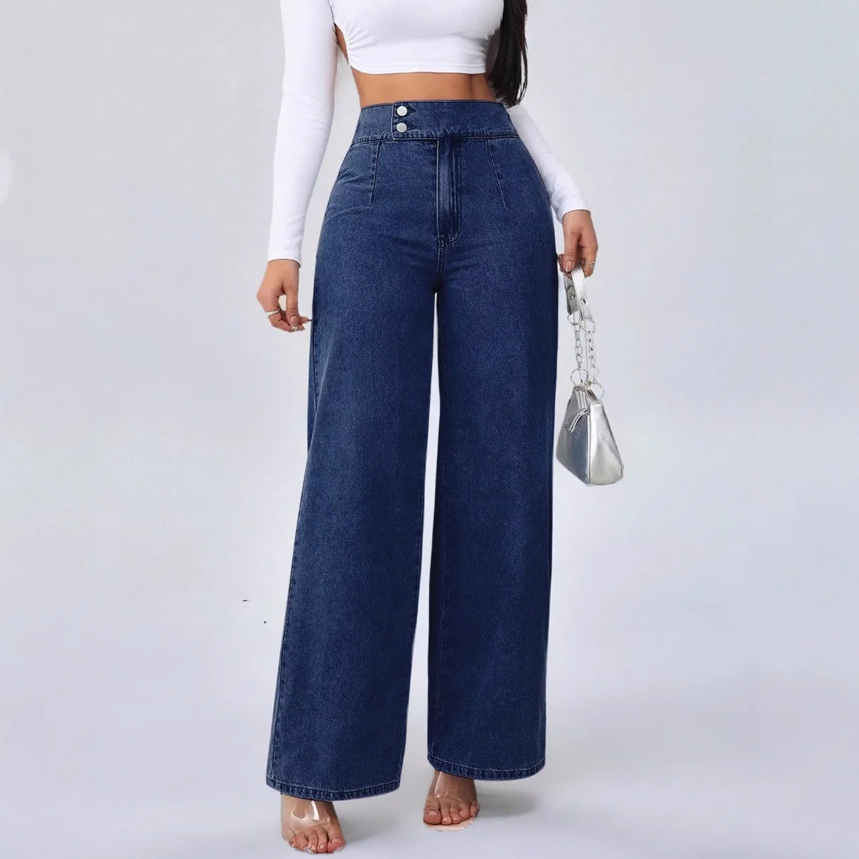 Women's Jeans Autumn And Winter High Waist Wide Leg Denim Trousers Women, Retro Dark Blue Unique Button Design