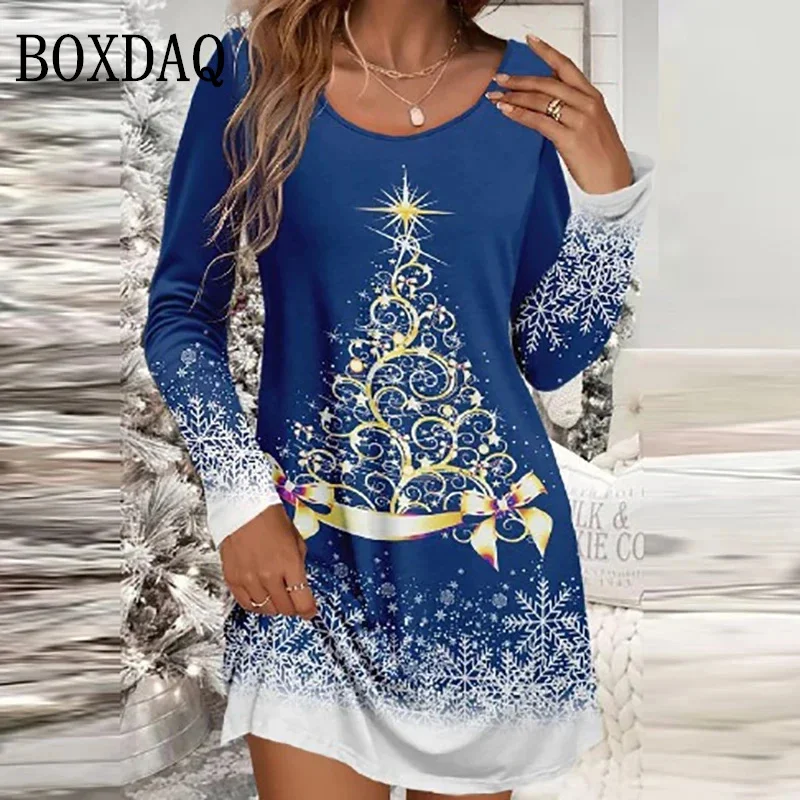 Women Christmas Party Dress Casual Christmas Snowflake Wine Glass Santa Claus Print Mini Dress Autumn Long Sleeve Woman Dress