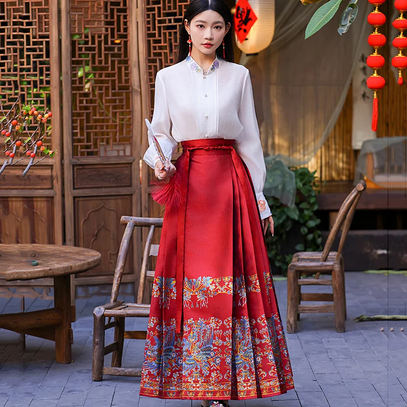 

Retro CHinese National Style Pleated Horse Face Skirt Vintage Phoenix Fairy Hanfu Lace Up Skirt for Women Red Maxi Skirt