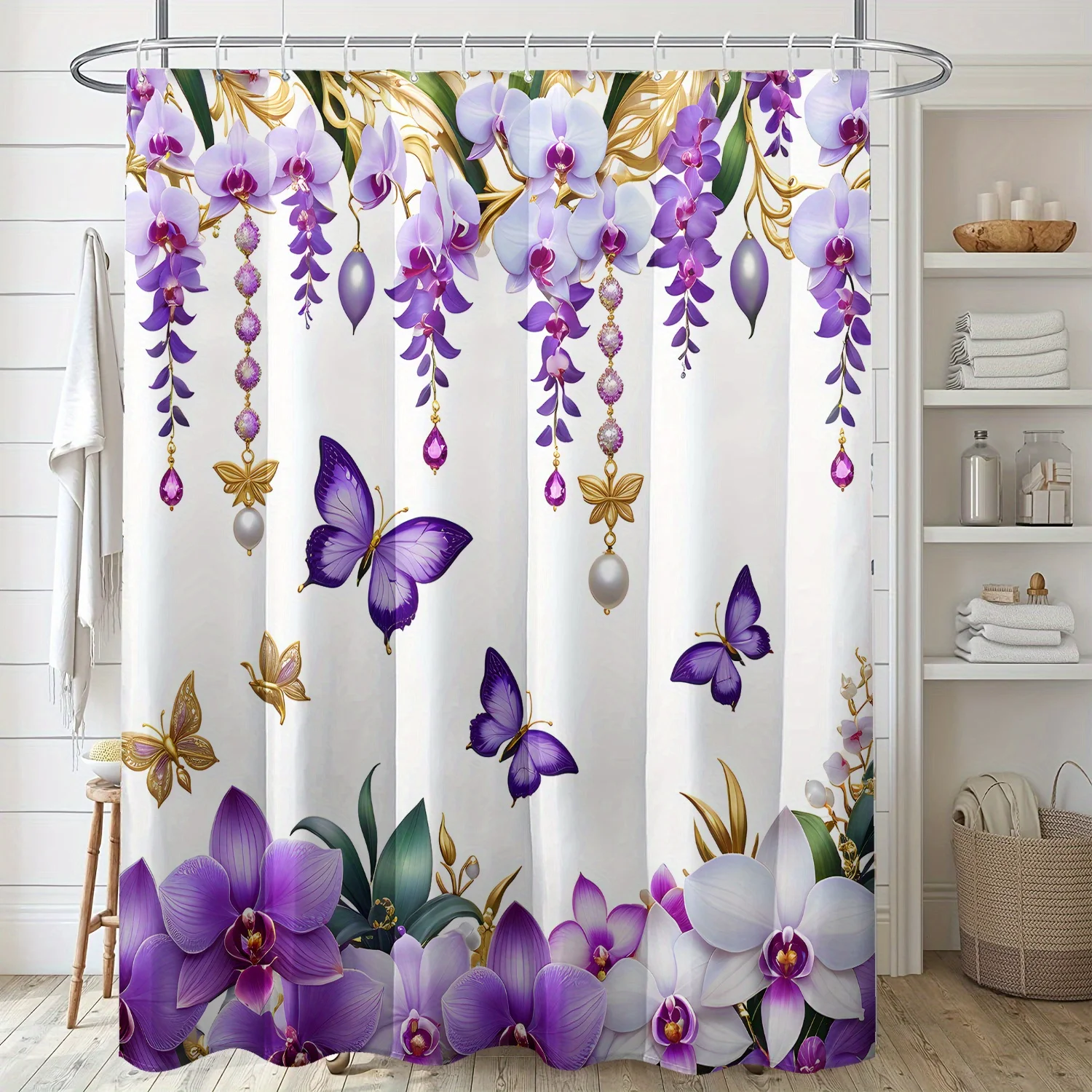 

Purple Flower Butterfly Pattern 1pc Polyester Shower Curtain,Simple Style Window and Wall Bathtub Bathroom Home Decoration