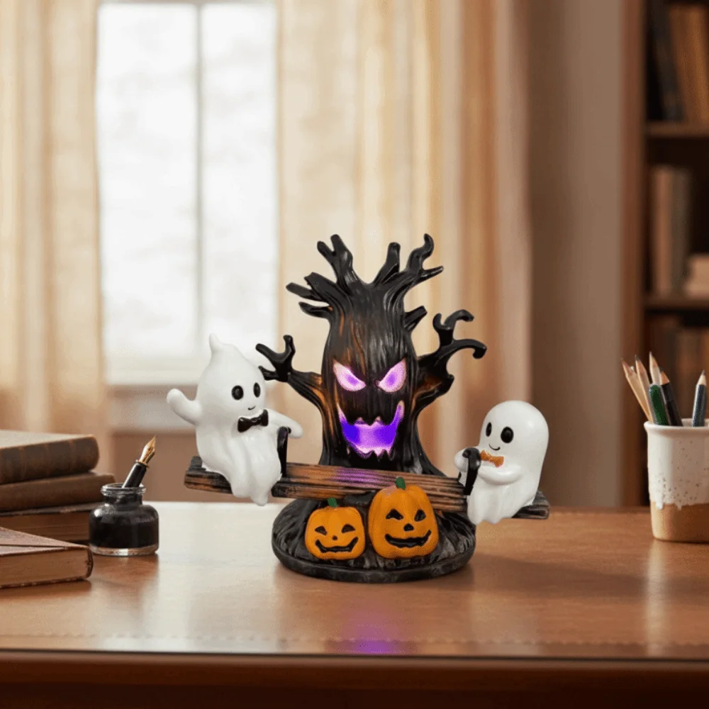 Resin Animated Seesaw Ghosts Night Light US Plug/USB Cartoon Halloween Ambient Light Purple Lighting Halloween Spooky Tree Lamps