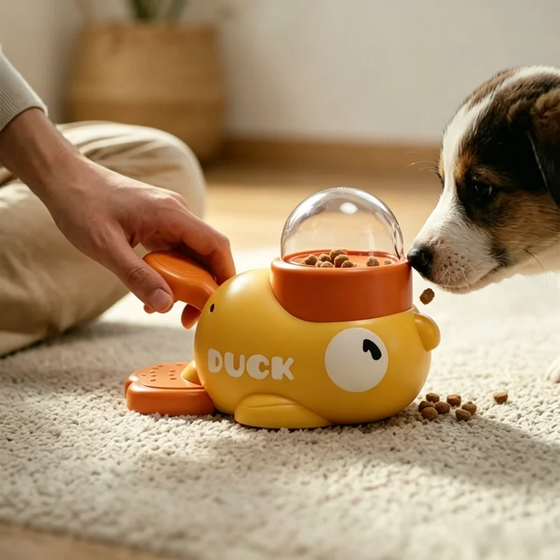 2-in-1 Interactive Dog Toy Automatic Food Treat Dispenser, Cartoon Duck Design Slow Food Pet Snack Feeder for Dog Training