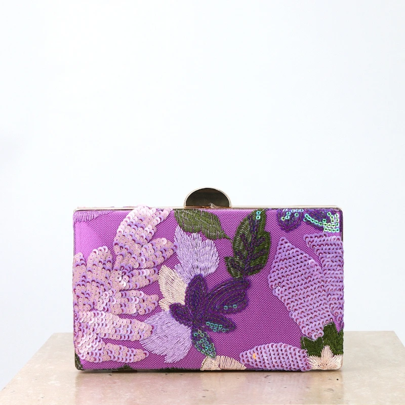 

Niche Embroidered Banquet Bags Women Handmade Appliques Chinese Theme Party Sequined Handbag Evening Dress Purple Clutch Purse