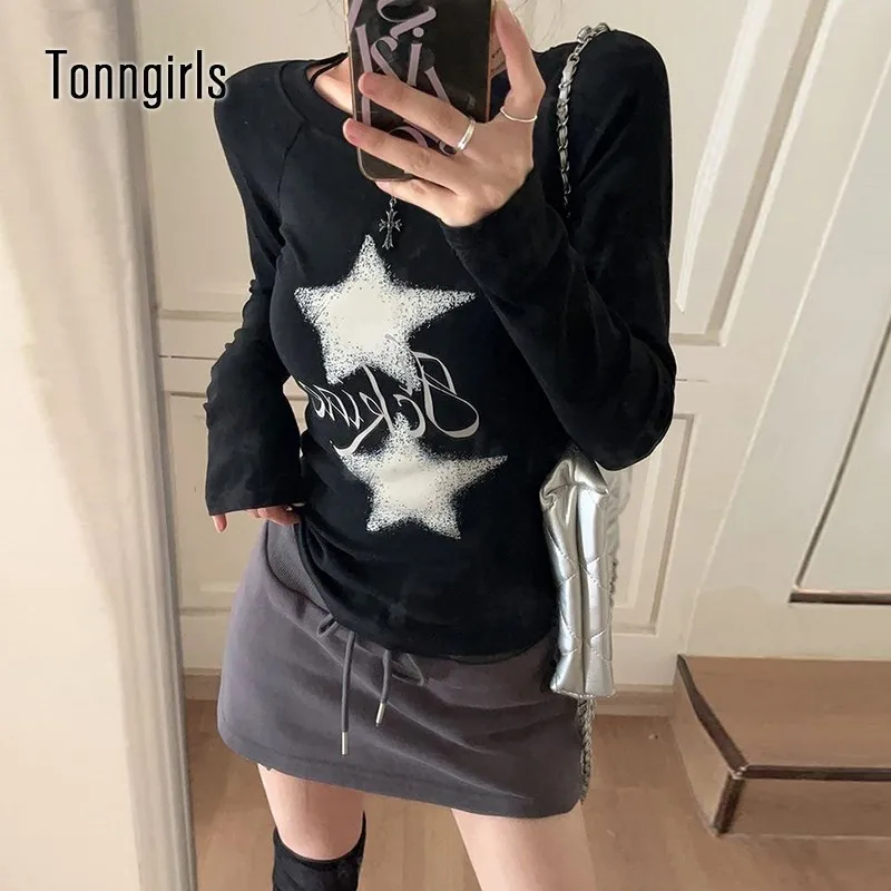 

Tonngirls Vintage Print Graphic T Shirt Long Sleeve Y2k Retro Tops Streetwear Korean Style Crop Tops 2000s Fairycore Tshirts