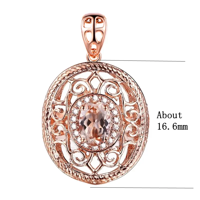 Solid 14K Rose Gold Women Natural Morganite Diamonds Pendant Art Deco Filigree Party Fine Jewelry Classic