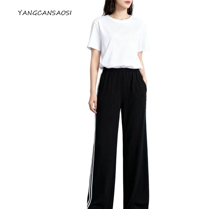 

Women's Fashion Sports Style 100% Natural Mulberry Silk Crepe De Chine White Side Stripes (Non Silk) Black Loose Casual Pants