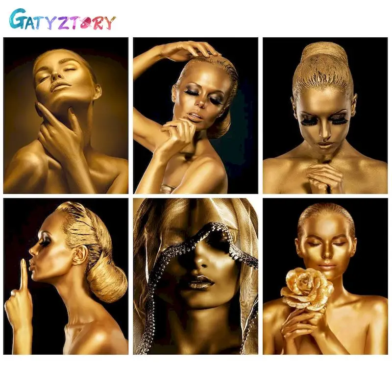 GATYZTORY DIY Coloring By Number Portrait On Canvas Home Decoration Painting By Number gold woman Kits For Adults Handpainted