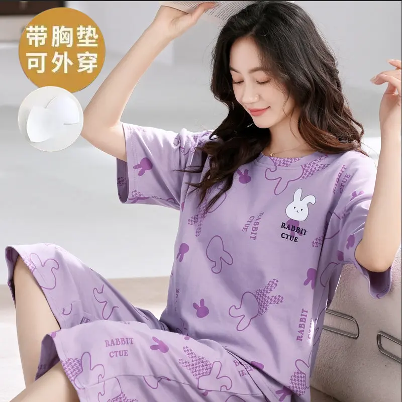 Rabbit Cartoon Cute Homewear Women's Loose Pajamas Set Summer Pullover Short Sleeve Capri Pants Loungewear With Built-in Bra