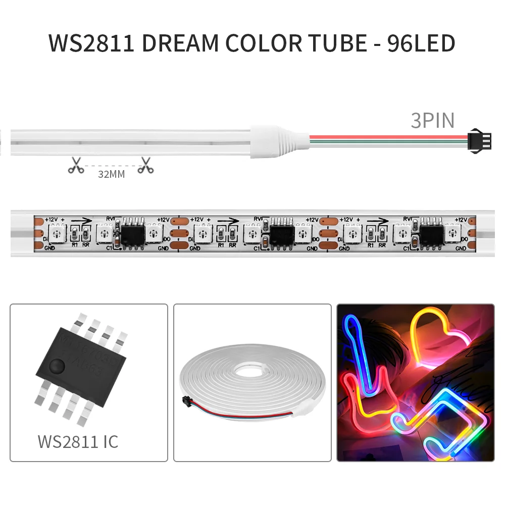 Dream Color LED Neon Strip WS2811 5050 RGBIC P67 Waterproof Addressable Smart IC Flexible Light Tape for Room DIY DC12V/24V