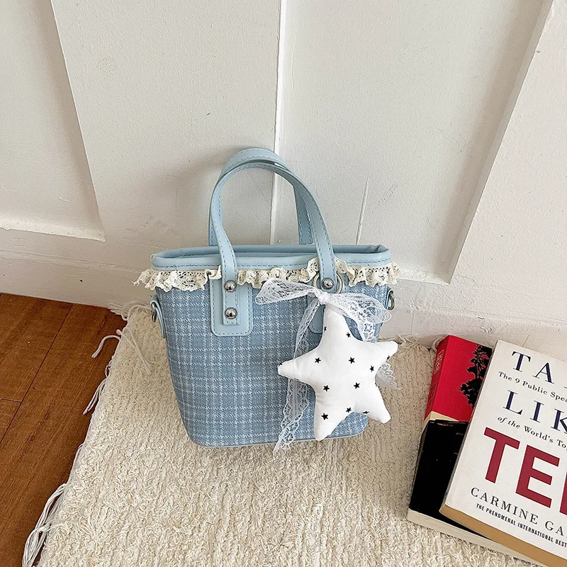 Sweet Lace Plaid Shoulder Bags for Women Casual Daily Versatile Girls Crossbody Bag Simple Portable Ladies Small Bucket Handbag