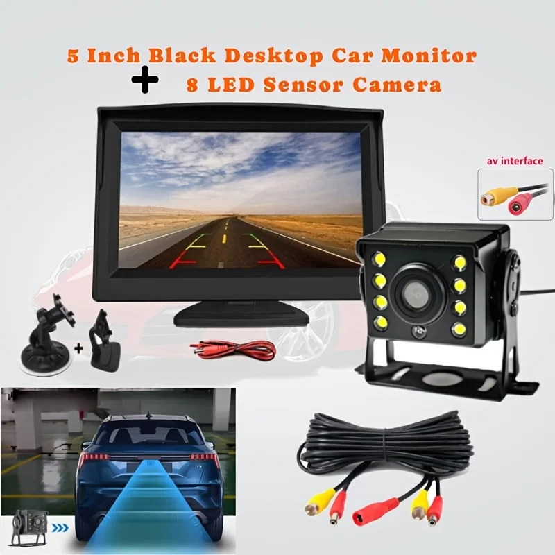 5 Inch Black Desktop TFT LCD Car Monitor + 8 LED Camera with, Universal Parking Assistance Kit for Trucks Buses Vans RVs