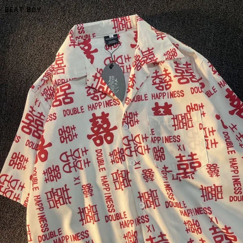 

Double Joy Vintage Print Loose Cuban Collar irt Men's New Chinese Sle Retro Faion ort Sve Polyester Fiber irt