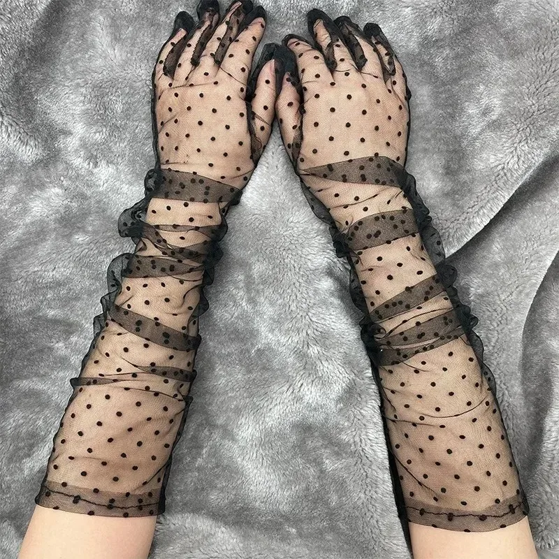 

Autumn Summer Women Gloves Stretchy Sexy Lace Short Tulle Full Finger Mittens Lotus Leaf Sheers Elegant Lady Driving Gloves