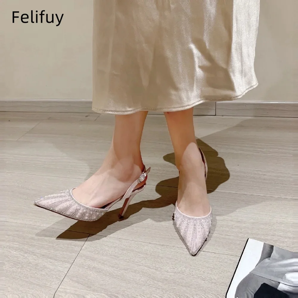 

Женские туфли на высоком каблуке с острым носком и жемчугом, новинка 2026, элегантные свадебные модельные туфли, модный дизайн, женские сандалии с кристаллами