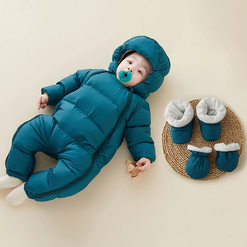 Ircomll 2024 Winter Warm Baby Girls Boys Jumpsuit Duck Down Children Jacket Inside Fleece Jumpsuit with Gloves Kids Bodysuit Out