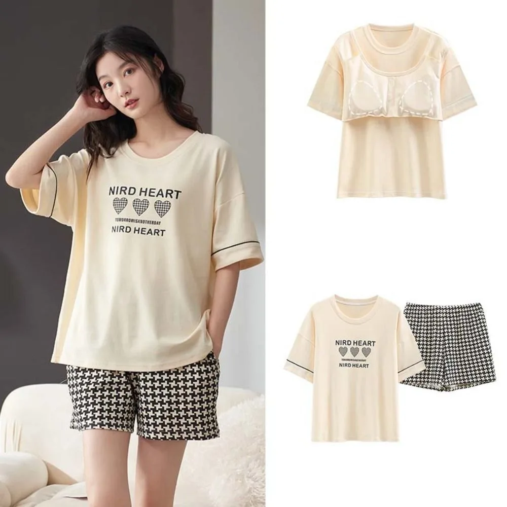 

Fashion Flower Cotton Shorts Pajamas Set Thin Bear Rabbit Women Nightwear Suit Short Sleeve Loose 2 Pieces Sleepwear Home