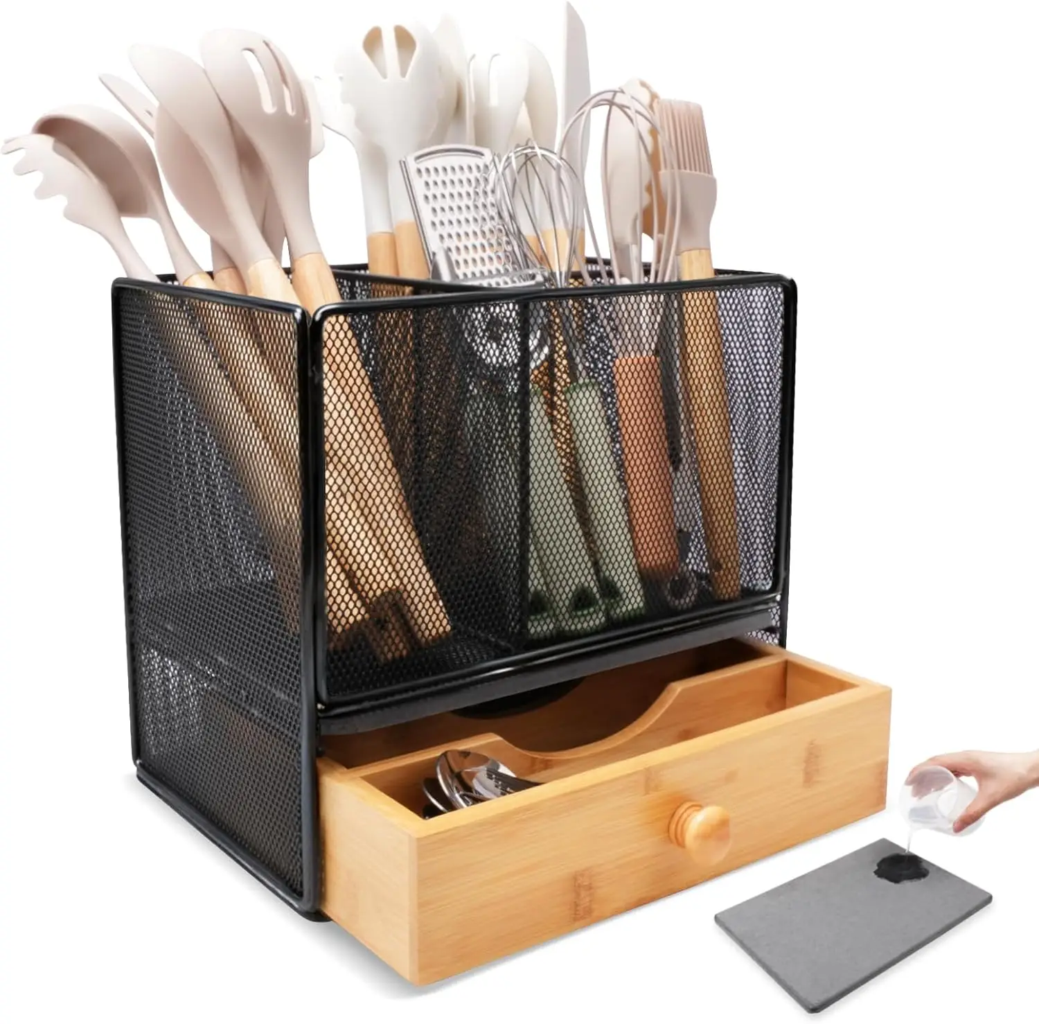 

Kitchen Utensil Holder Countertop, Extra Large Utensil Organizer with Drawer, 2-In-1 Utensil