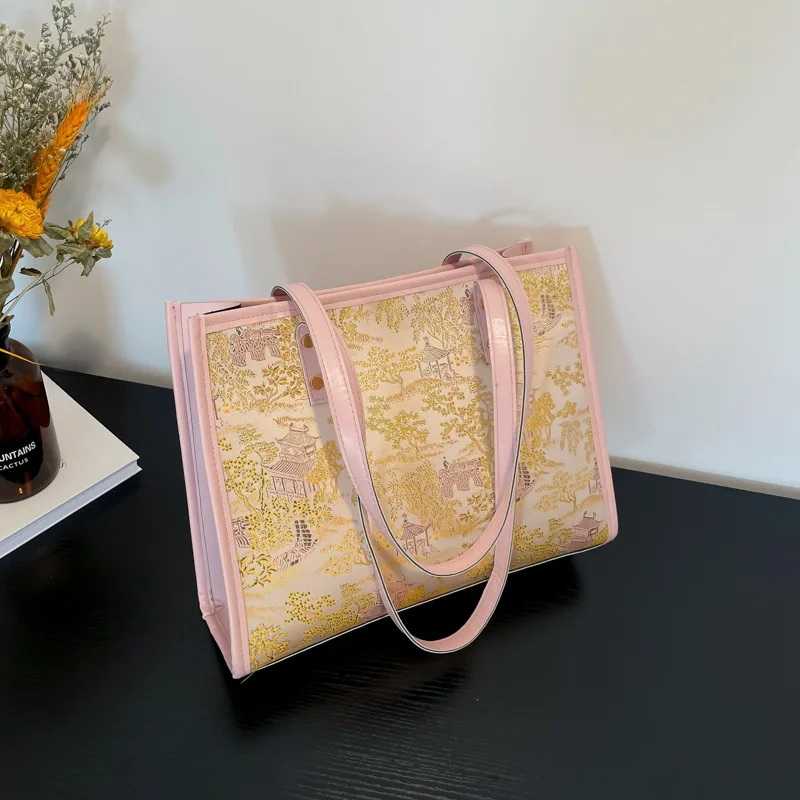 Embroidered tote bag women's large-capacity niche design shoulder portable commuter bag