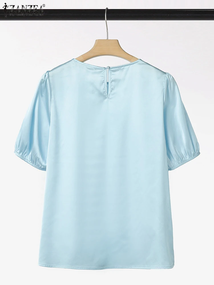 2025 Camicetta estiva da donna ZANZEA Camicia da lavoro solida a maniche corte casual Elegante ufficio Top in raso Elegante O Collo Blusas allentate Tunica
