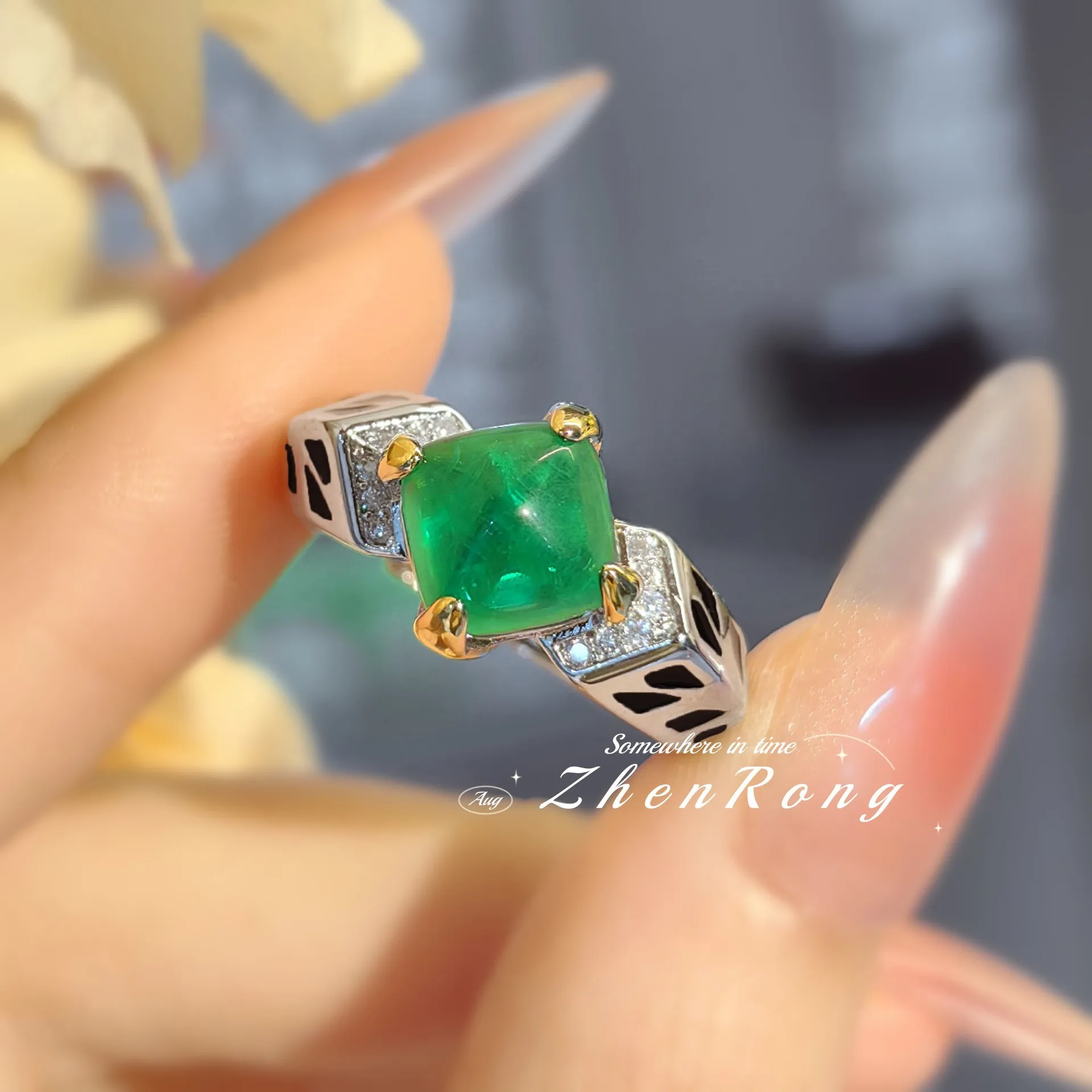 S925 sterling silver ring jewelry high sense leopard print sugar tower retro square green diamond women's ring