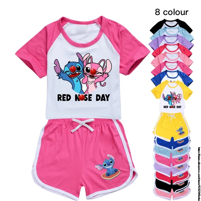 Summer Lilo And Stitch Children\'s Pajamas Short Sleeve Girls Boys Home Clothes Set Pajama Sleepwear Robe Clothing Mother Kids