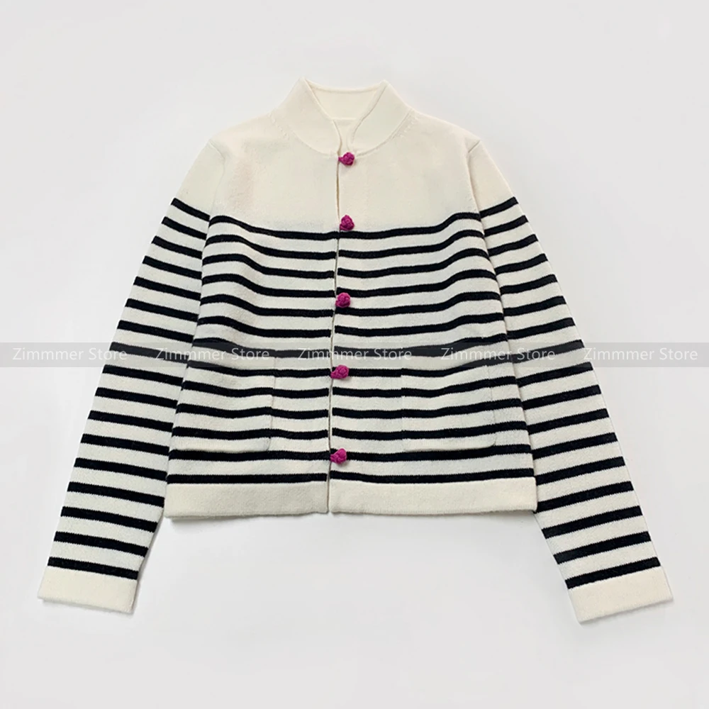 Fashionable Women~New Chinese Standing Collar Colour Collision Plate Button Wool Cashmere Knit Classic Stripe Cardigan