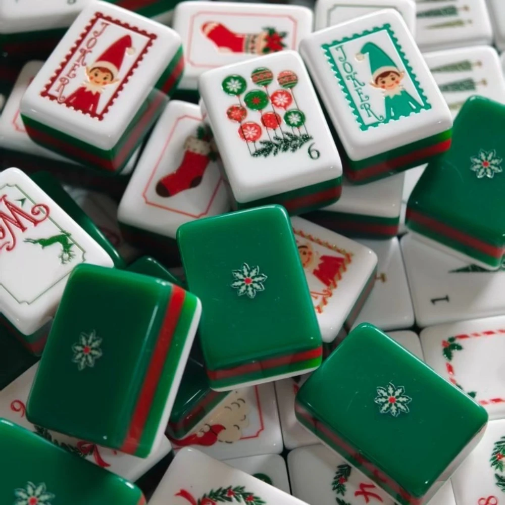 Christmas American Mahjong Tiles Set 160 Pcs Red Double Layer MahJong Tile Acrylic Tiles Santa Gingerbread Man Set