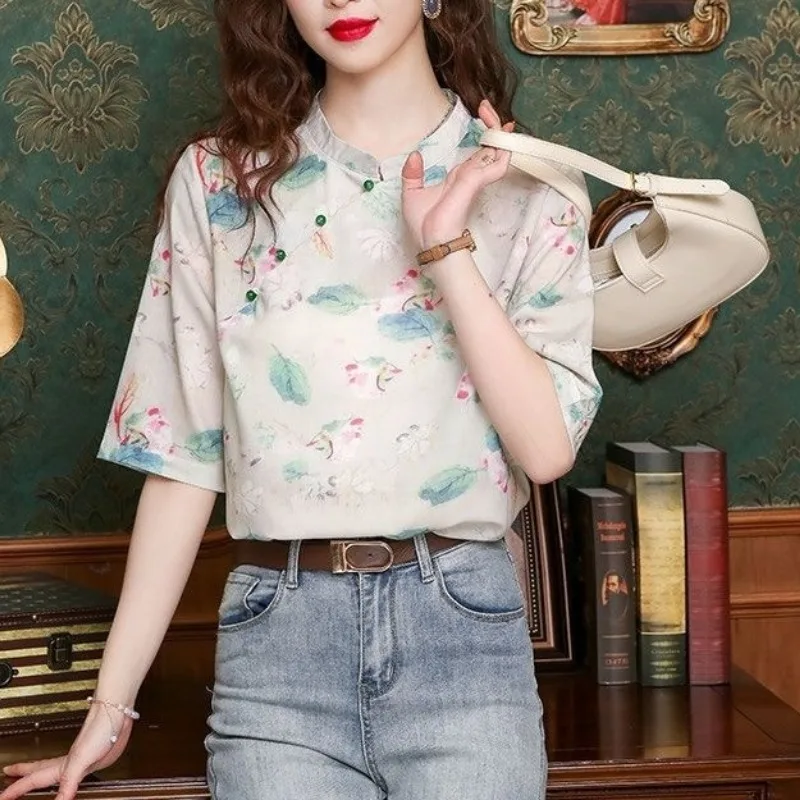 

Women's Pullover Short Sleeve Plant&Flowers Printing Beaded Round Neck Chiffon Clothing T-shirt Summer Chinese Style Tops