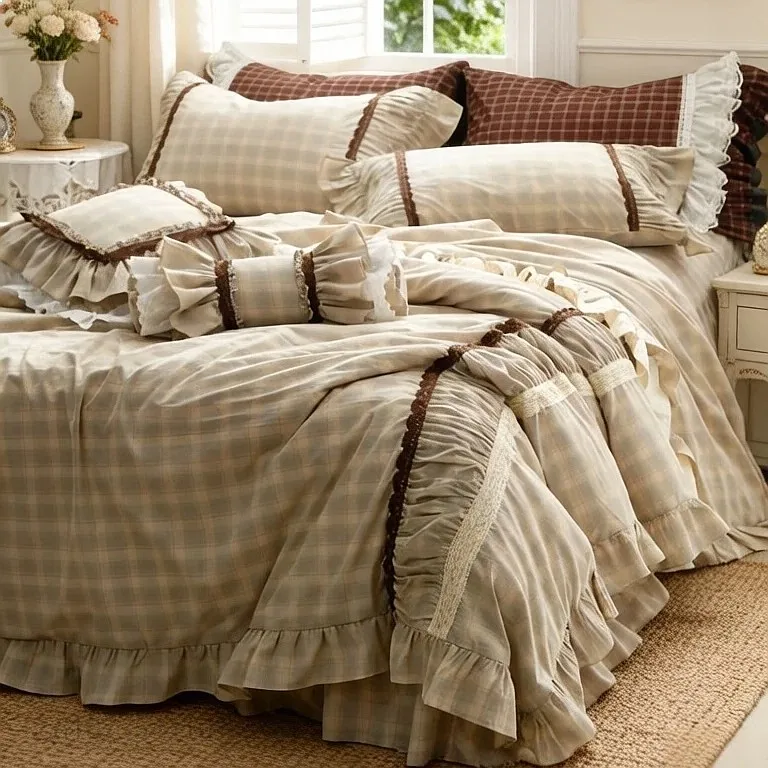 Edinburgh French Korean Style Cotton Striped Bed Skirt 4Pcs Bedding Set