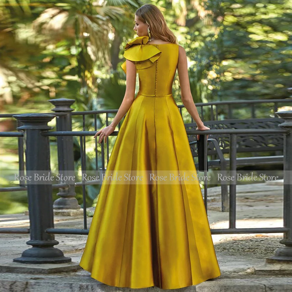 Wedding Guest Dress Formal Golden Satin Ruched Ruffles Bespoke Occasion Gown A-line V-neck Special Occasion Dresses