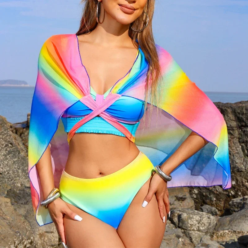 3Pcs Vintage 2024 Women Swimwear Two Piece Sexy Bikini Set Swimsuit Bathing Suit Summer Beach Wear Brazilian Cover Up Bather