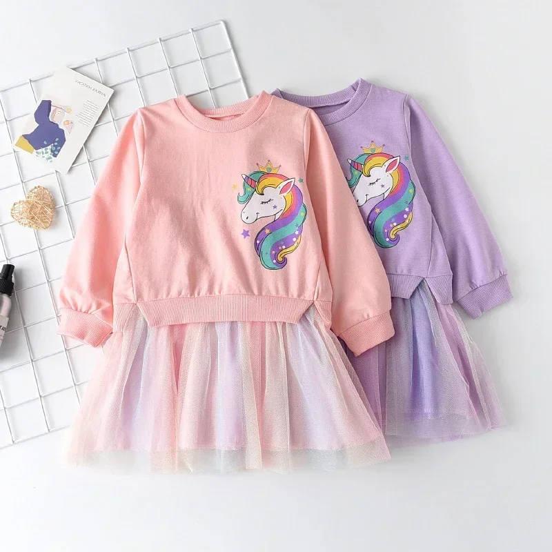Korean Version Purple Long Sleeved Girls' Dresses Autumn Cartoon Print Children's Clothing Fashion Birthday Party Girl Dress