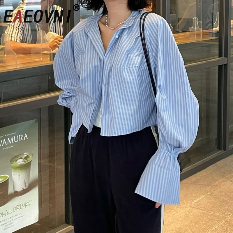 

EAEOVNI Fashion Blue Striped Women's Blouse Stand Collar Lantern Sleeve Design Button Shirt Casual 2025 New Clothing