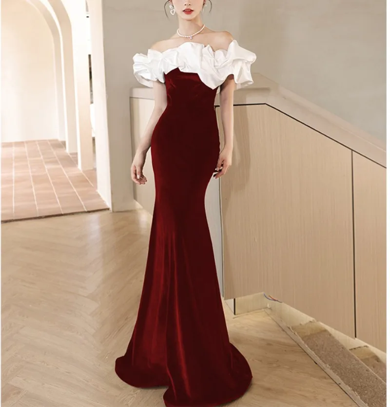 

Elegant Velour Formal Evening Mermaid Dresses Women 2024 Boat Neck Ruched Wedding Guest Dress Slim Fit Party Gown Vestidos