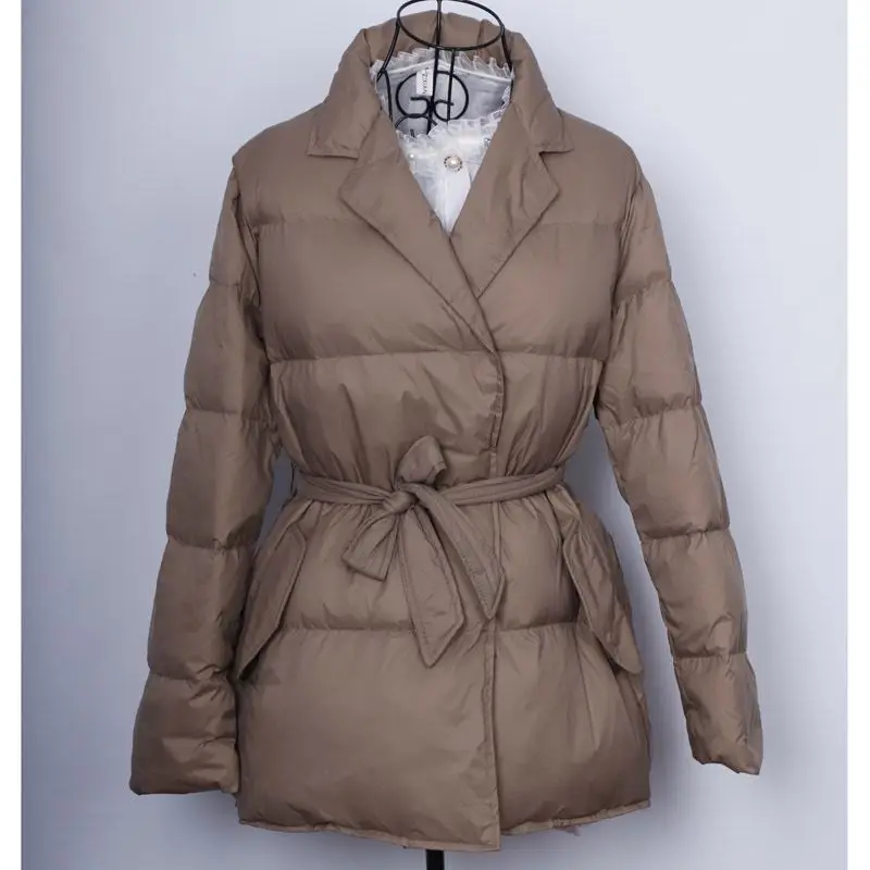 European Winter White Duck Down for Women Outerwear Fashion Standing Neck Tie Up Work Clothes Warm Windproof Coat Women Parkas