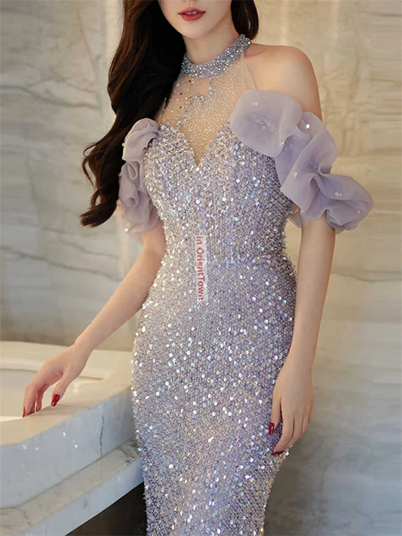 Oriental Hanging Neck Evening Dress Purple Sequin Mermaid Tail High-End Feeling Banquet Dresses Bride Party Toast Gown TP063