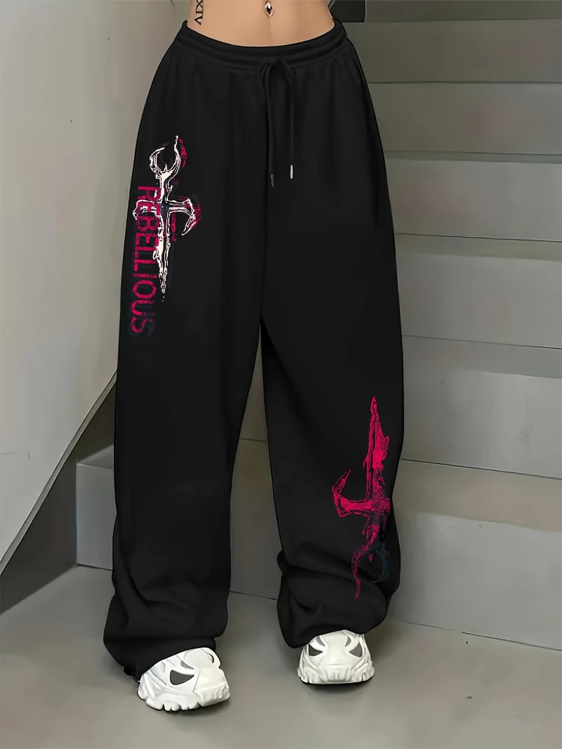 

Повседневные прямые брюки с перекрестным и буквенным принтом, эластичный пояс на шнурке — черный полиэстер, можно стирать в машине