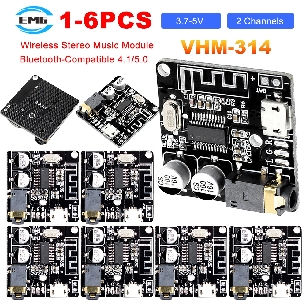 1-6PCS Bluetooth Audio Receiver Board VHM-314 5V Micro USB BT5.0 MP3 Decoder Boards Wireless Stereo Sound Amplifier Module Board