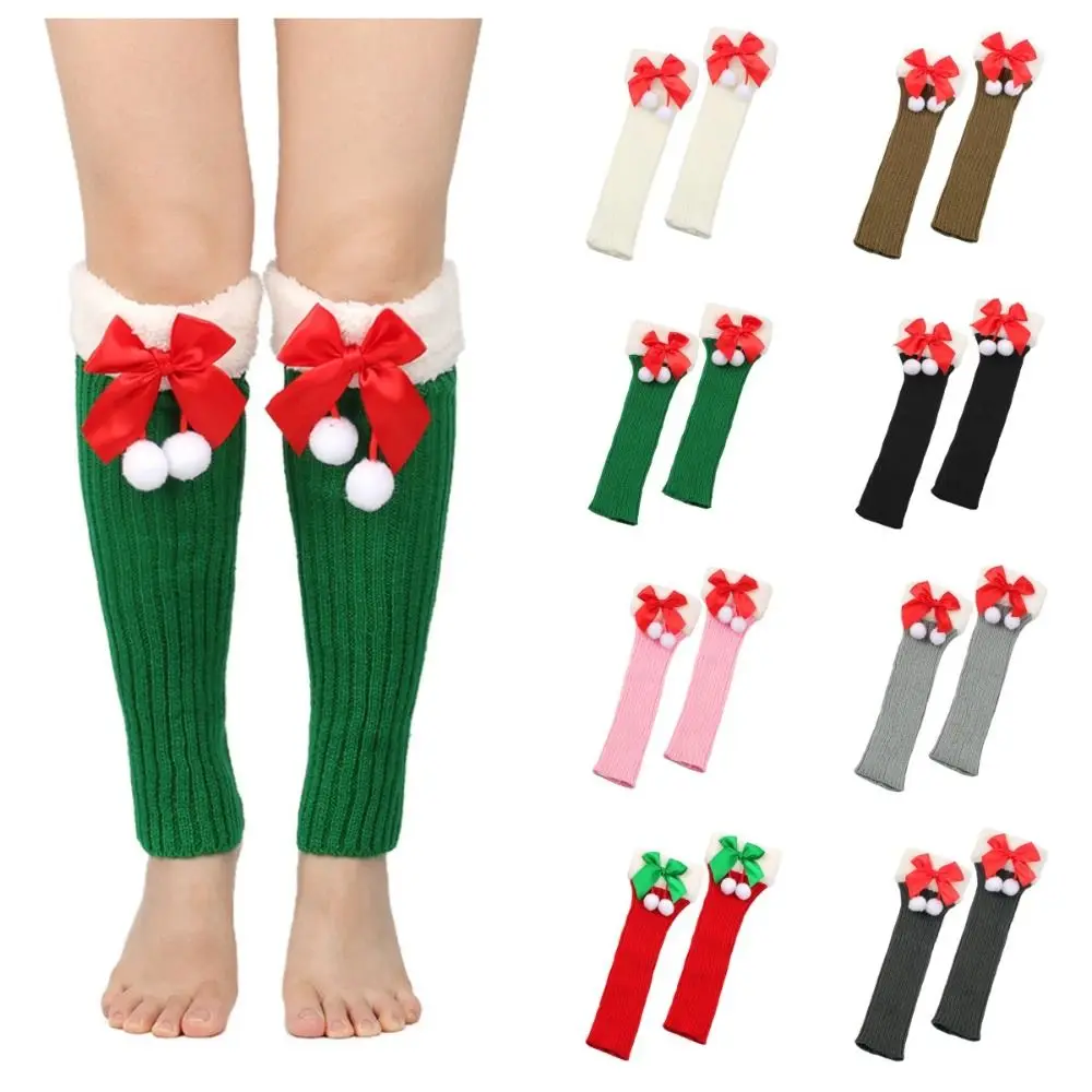 Breathable Christmas Bow Stockings Leg Socks Thick Cuffs Warm Foot Cover Socks Elastic Plush Ball Knit Leg Warmers Women