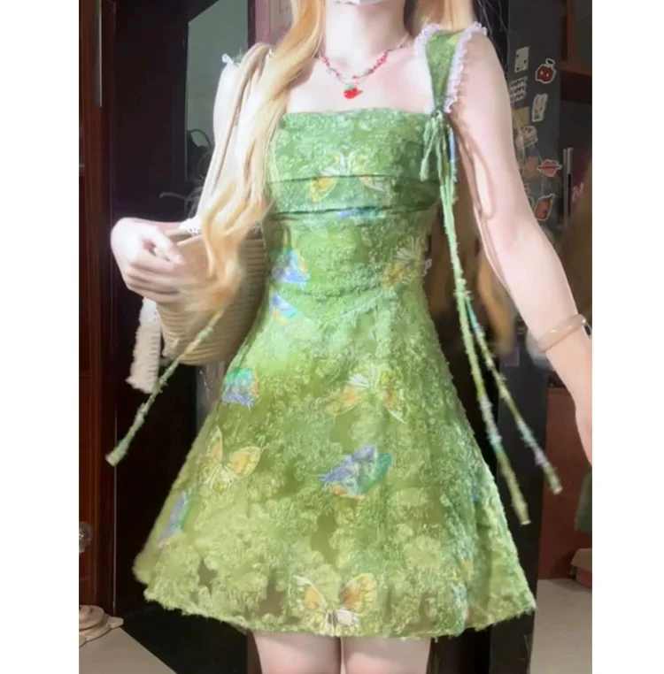 

Lace Patchwork Backless Camisole Dress for Women In Summer Elegant Fairy Style Butterfly Print A-Line Waist Cinching Dress