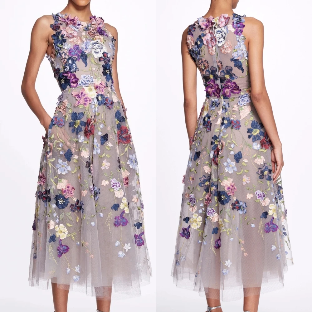 Robe de soirée en tulle froncée à fleurs, robes mi-longues décontractées, robe de soirée formelle, ligne A, col haut, occasion sur mesure, sexy