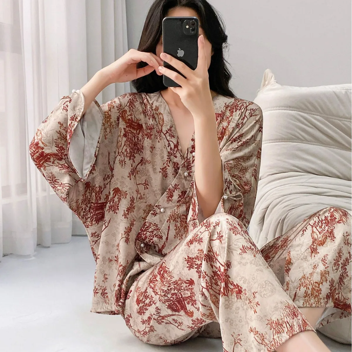 

Chinese Print Flower Women Sleepwear 2PCS Pajamas Set Top Trouser Suits Loungewear Loose Casual Satin Home Clothes Pyjama