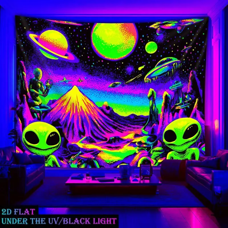 VIKAMA Blacklight Alien Tapestry UV Reactive UFO Planet Mountain Trippy Psychedelic Wall Hanging for Bedroom Party Decor