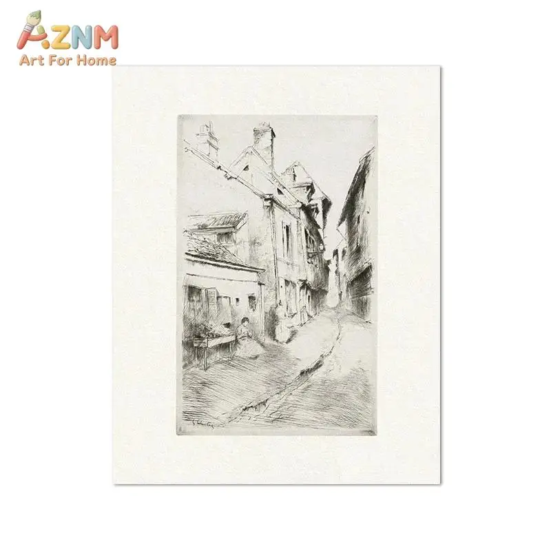 AZNM Vintage Pencil Sketch Landscape Canvas Wall Art Tree River Scenery Print Classic Minimalist Living Room Home Decor