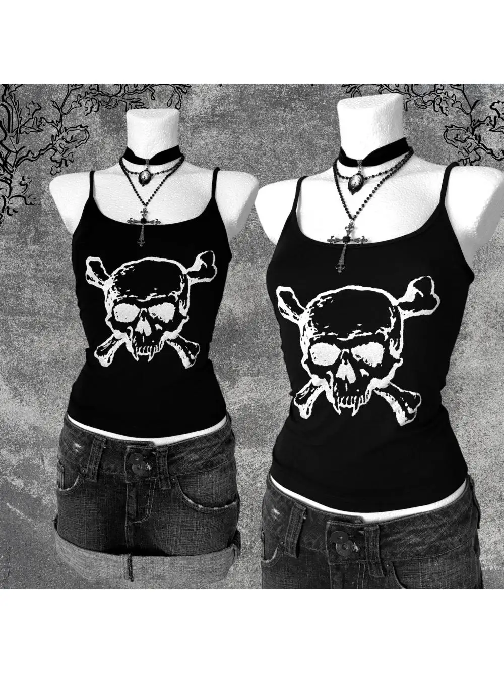 Music Festival Statement Tank Top, European American Ins Gothic Skull Rivet, Sexy Hot Girl Unique Street Women's Top Retro Y2K