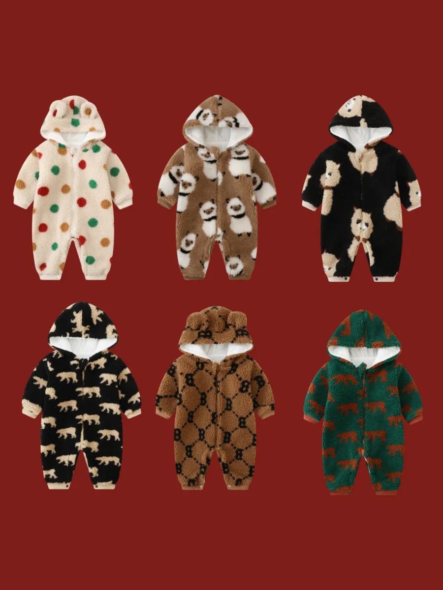 Baby Clothing Bodysuits Onesie Lamb Hair Cartoon Infant Boilersuit Winter Baby Long Sleeve Creeper Thickened Hooded clothes