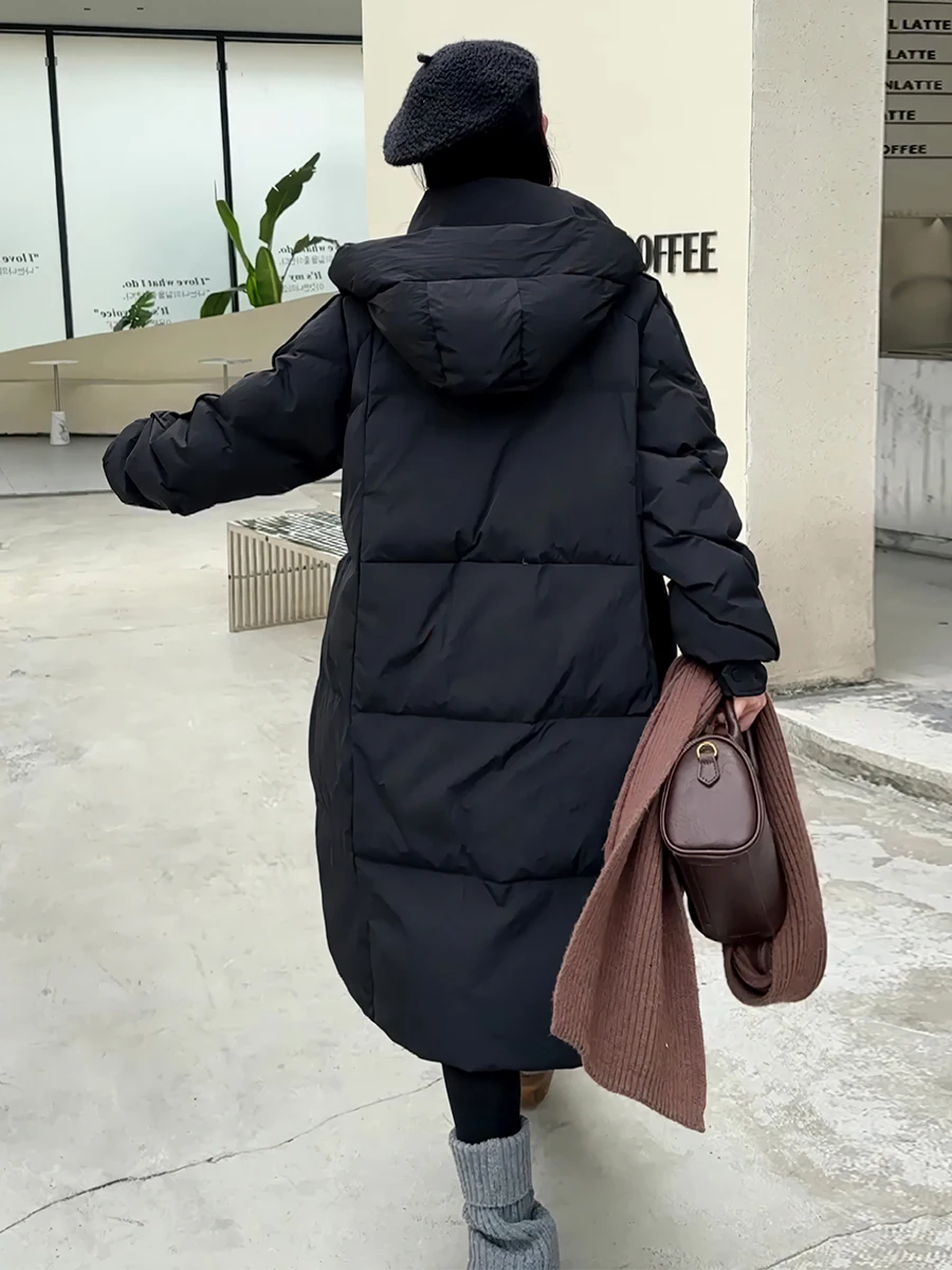 معطف طويل أبيض محشو بالريش للنساء، معطف شتوي أنيق جديد مع قلنسوة للتنقل اليومي