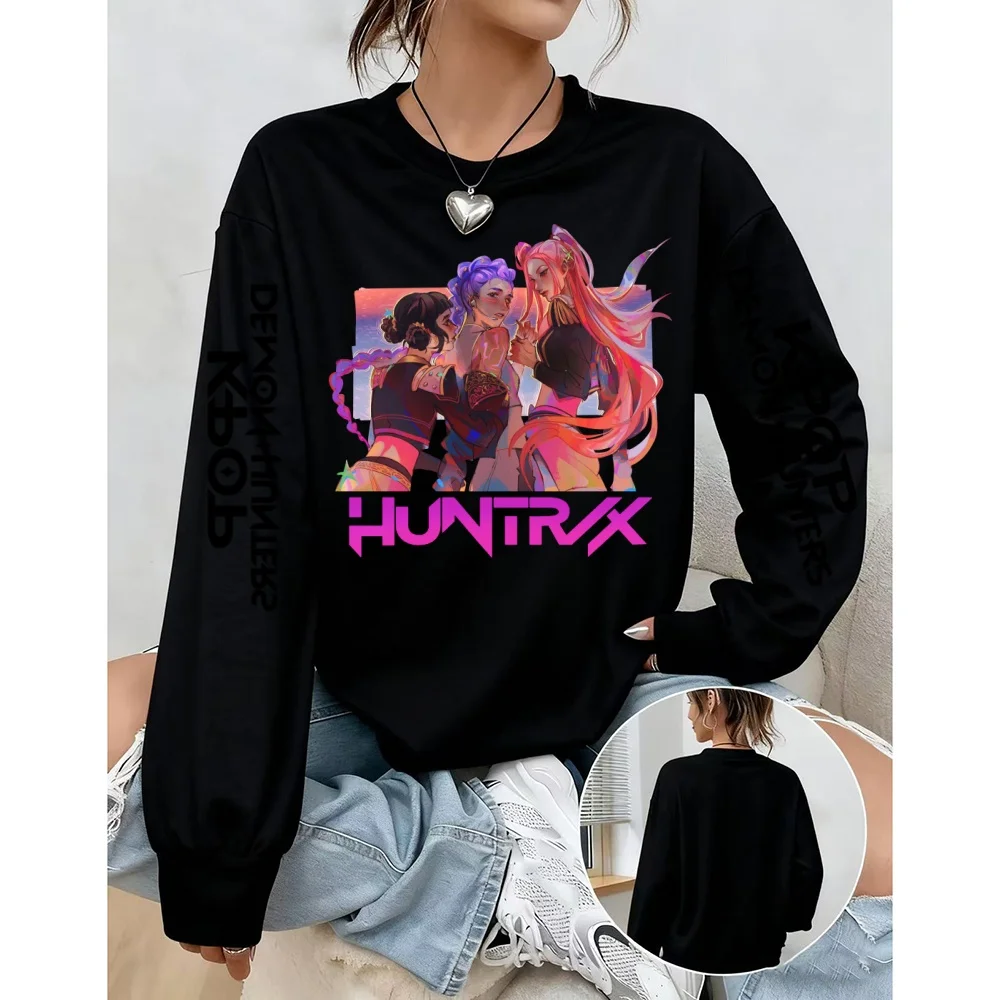 KPop Demon Hunter 미니멀리스트 알파벳 스웨트셔츠 여성용 슬리밍 뉴 스포츠웨어 라운드 넥 스트리트 스타일 후디