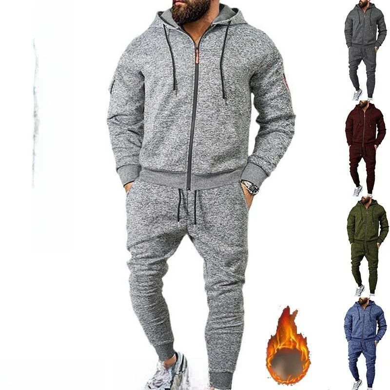 

Men's Fleece Lined Hooded Zipper Sports Suit Casual Winter Outfit Heavyweight Cationic Cross-Border Male Apparel